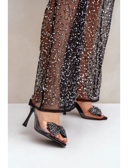 Průhledné Sandály Na Jehlovém Podpatku S Lesklou Mašlí Černé Viosta Průhledné Sandály Na Jehlovém Podpatku S Lesklou Mašlí Černé Viosta