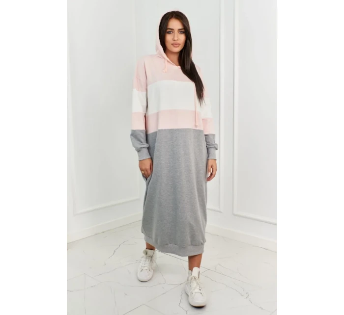 Trikolorní šaty s kapucí pudrově růžová + ecru + šedá Trikolorní šaty s kapucí pudrově růžová + ecru + šedá