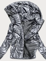 Stříbrná lesklá dámská bunda s kapucí (B9575)
