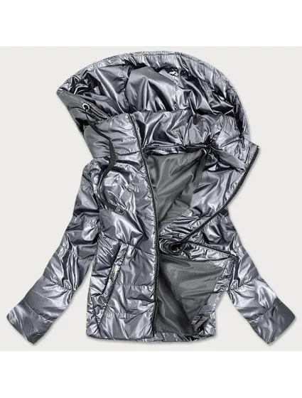 Stříbrná lesklá dámská bunda s kapucí (B9575)