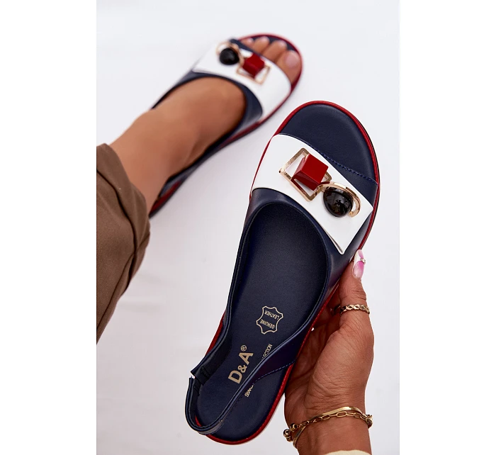 Kožené dámské sandály s ozdobou D&A model 22101325 tmavě modré - S.Barski Kožené dámské sandály s ozdobou D&A model 22101325 tmavě modré - S.Barski