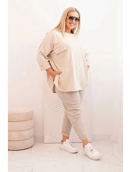 Dámská blůza Plus Size s bavlnou, kapsou a ohrnutým rukávem béžová