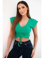 Dámská žebrovaná pruhovaná halenka na ramínkách s volánkem zelená