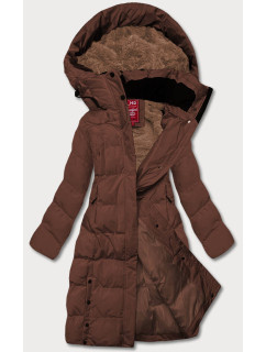 Dlouhá hnědá dámská zimní bunda s kožešinovou podšívkou (2M-025)