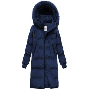 Tmavě modrá zimní manšestrová dámská bunda s kapucí (7763)