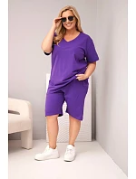Dámská bavlněná souprava Plus Size s halenkou a šortkami fialová