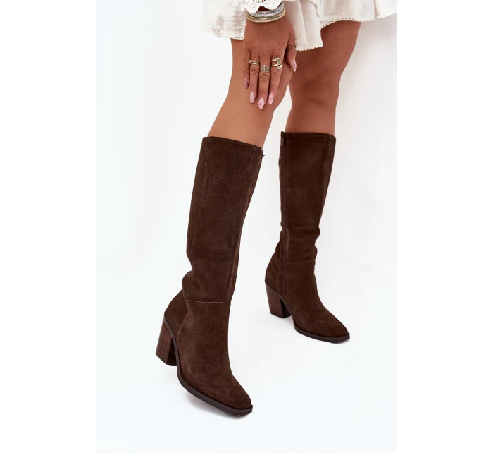Semišové Kozačky Na Podpatku Zip Čokoládové model 21705071 - Boto