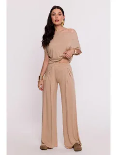 model 19670617 Kalhoty z viskózy s elastickým pasem cappuccino - BeWear