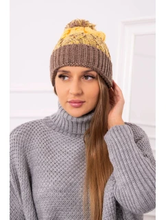 Dámská čepice s bambulí Abigail K326 cappuccino+yellow