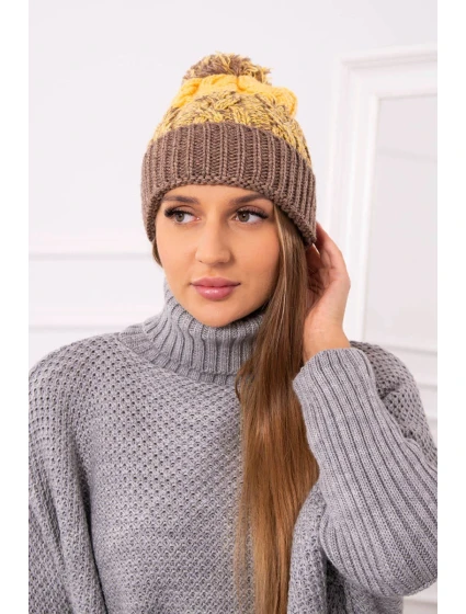 Dámská čepice s bambulí Abigail K326 cappuccino+yellow Dámská čepice s bambulí Abigail K326 cappuccino+yellow