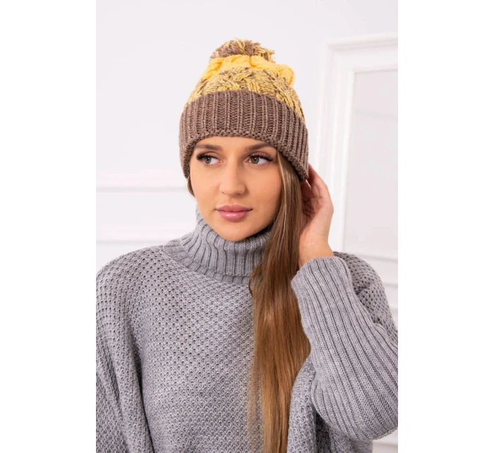 Dámská čepice s bambulí Abigail K326 cappuccino+yellow Dámská čepice s bambulí Abigail K326 cappuccino+yellow