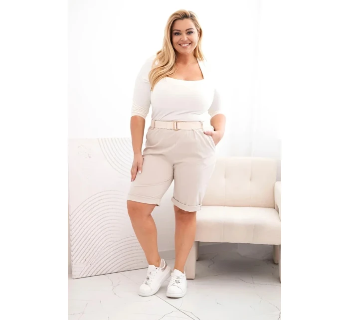 Dámské bavlněné šortky Plus Size s páskem béžový Dámské bavlněné šortky Plus Size s páskem béžový