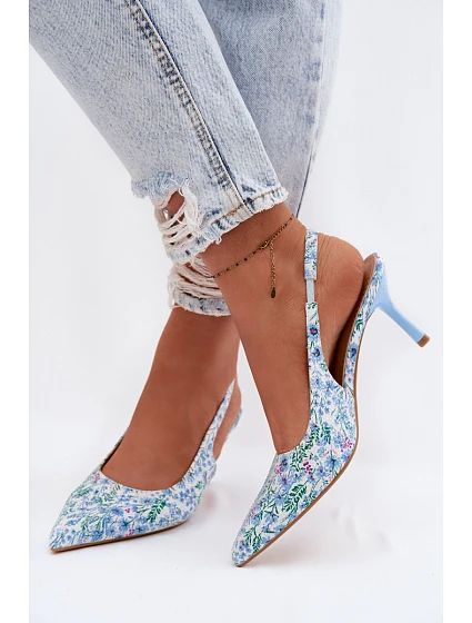 Ozdobené dámské sandály na jehlovém podpatku s květinovým vzorem modré model 22103131 - Boto