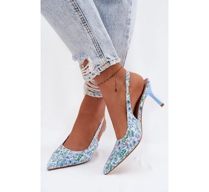 Ozdobené dámské sandály na jehlovém podpatku s květinovým vzorem modré model 22103131 - Boto