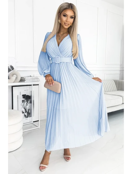 KLARA Dámské plisované šaty v barvě s výstřihem a opaskem model 20728185 - numoco basic