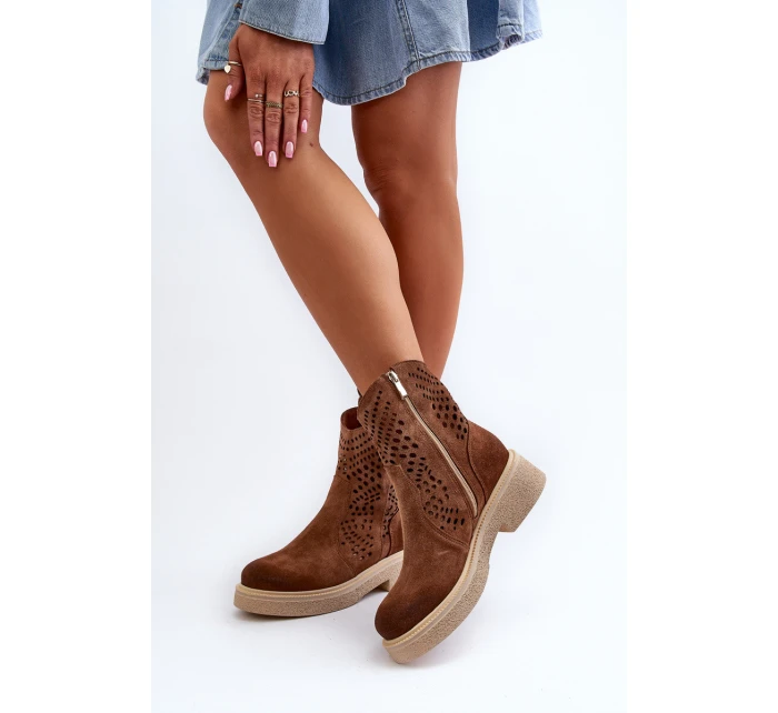 Semišové Dámské Botky na Ploché Podrážce Hnědé model 21652397 - Zazoo