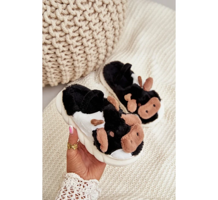 Dětské Chlupaté Pantofle S Motivem Krávy Černé Tamorrin