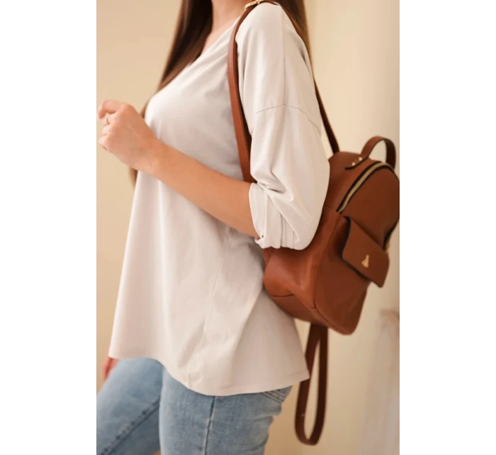 Dámská bavlněná blůza s výstřihem do V a dlouhým rukávem béžová