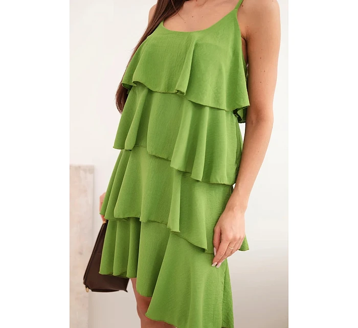 Dámské mini šaty na ramínka s volány olivová