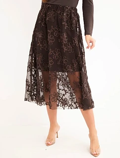 Dámská rozšířená sukně s model 22571876 květy hnědá - K-Fashion