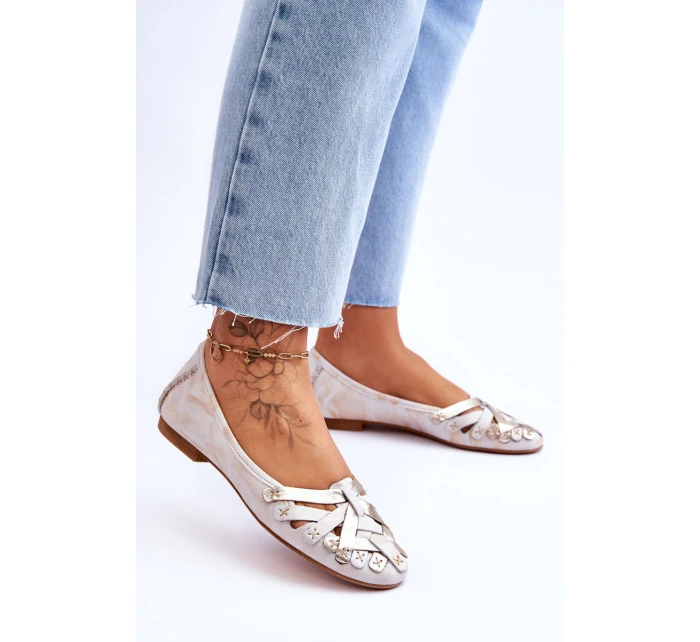 Dámské Kožené Baleríny model 21620670 Béžová a zlatá - Maciejka