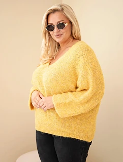 Dámský svetr Plus Size s výstřihem do V a širokým rukávem hořčicová