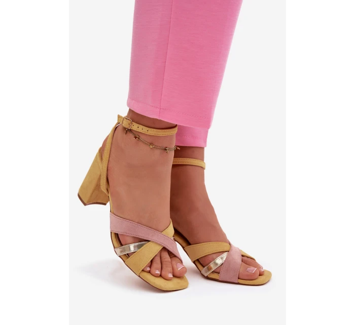 Dámské sandály na podpatku s pásky Eko semiš žluté model 21937474 - Boto