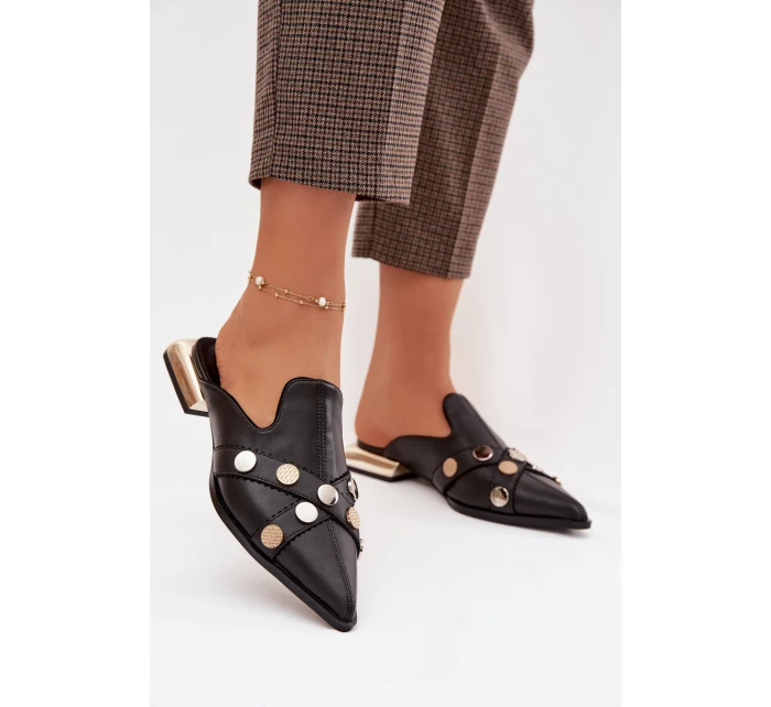 Kožené dámské nazouváky s ozdobnými pásky D&A model 22031828 Černé - S.Barski