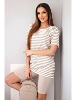 Dámský viskózový pruhovaný komplet s krátkým rukávem a šortkami béžový
