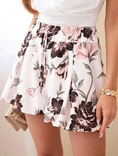 Dámské viskózové šortky s květinovým vzorem a vázáním v pase hnědé