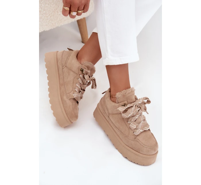 Šněrovací dámské sněhule na platformě zateplené kožíškem béžové Tavelle Šněrovací dámské sněhule na platformě zateplené kožíškem béžové Tavelle
