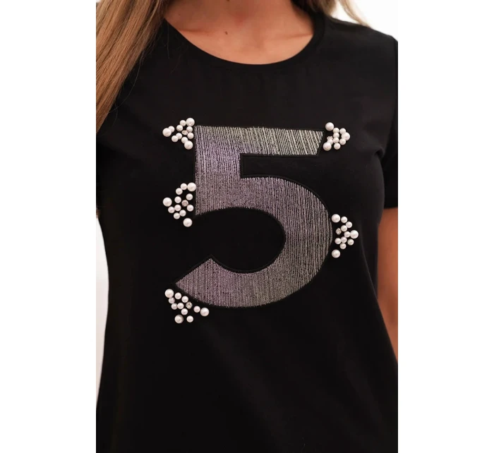 Dámská bavlněná blůza s krátkým rukávem a nášivkou s perličkami černá