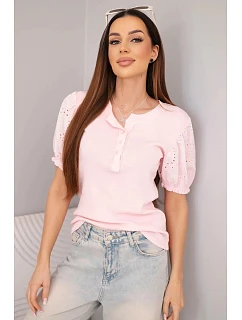 Dámská bavlněná žebrovaná halenka s nadýchaným rukávem a knoflíčky cukrově růžová