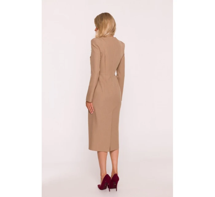 model 21319027 Tužkové šaty s ozdobnými rameny béžové - STYLOVE model 21319027 Tužkové šaty s ozdobnými rameny béžové - STYLOVE