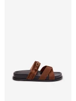 Dámské pantofle s pásky a zlatým sponou Hnědé model 21954730 - Boto