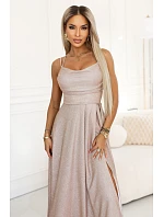 589-4 Dlouhé šaty s jemným třpytem a korzetovým zavazováním na zádech - béžovo-růžové s třpytkami