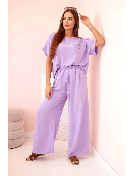 Dámský komplet z viskózy s ozdobným květem a širokými kalhotami - fuchsie světlá fialová