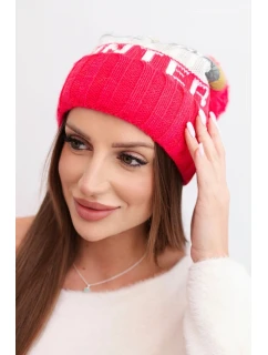 Dámská zimní čepice s vlnou a nápisem s velkým bambulí K422 fuchsie