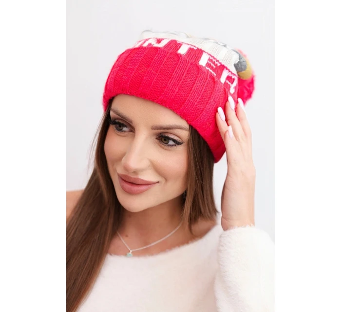 Dámská zimní čepice s vlnou a nápisem s velkým bambulí K422 fuchsie Dámská zimní čepice s vlnou a nápisem s velkým bambulí K422 fuchsie