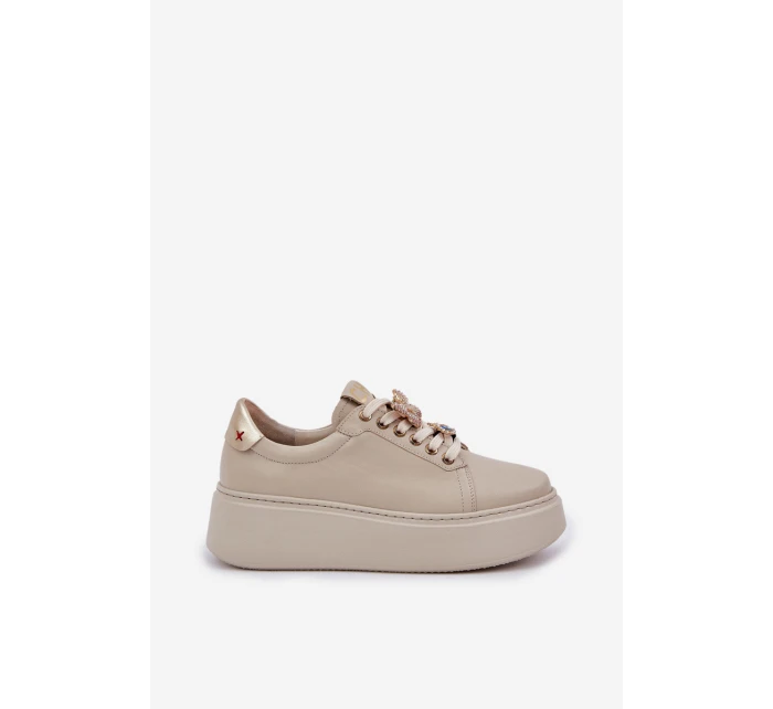 Dámské Kožené Tenisky Na Platformě S Ozdobami model 21683822 Světle Béžové - CheBello