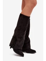 Zateplené Kozačky Kavalíři Dámské Na Podpatku S Třásněmi Černé Zalia