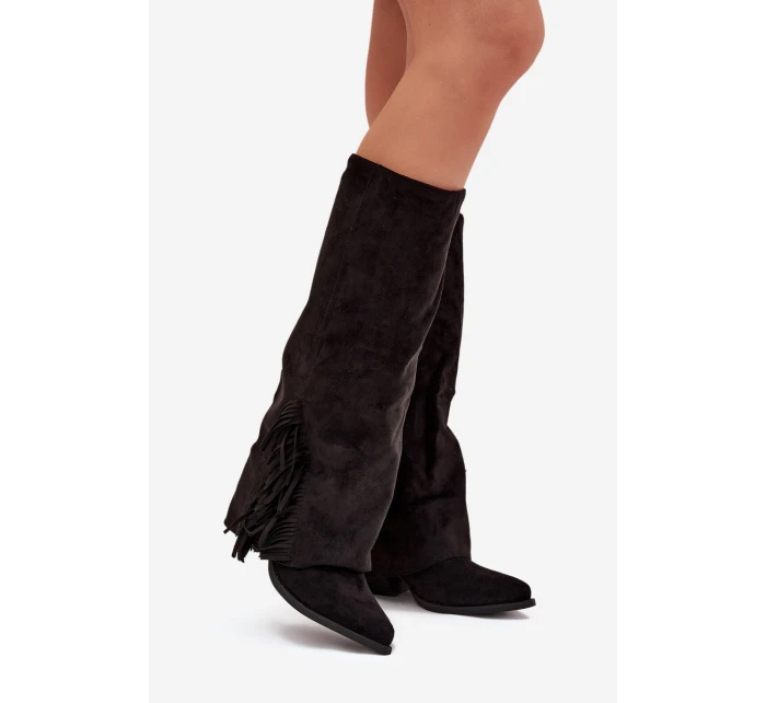 Zateplené Kozačky Kavalíři Dámské Na Podpatku S Třásněmi Černé Zalia