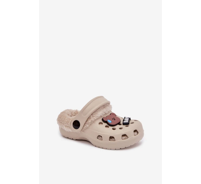 Pěnové dětské pantofle s vypolstrovaným kožíškem a přezkami Khaki Cerelle