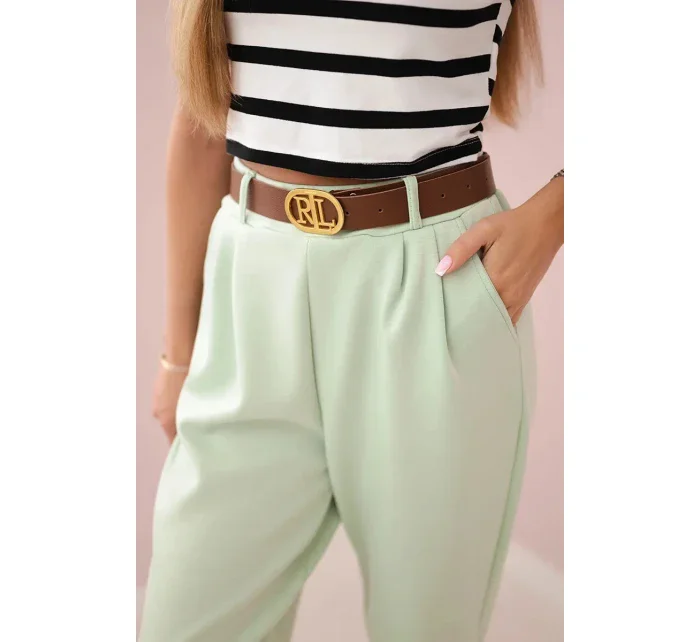 Kalhoty s páskem a kapsami z máslové látky tmavá máta Kalhoty s páskem a kapsami z máslové látky tmavá máta