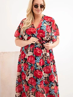 Dámské šaty Plus Size s květinovým vzorem a vázáním černá