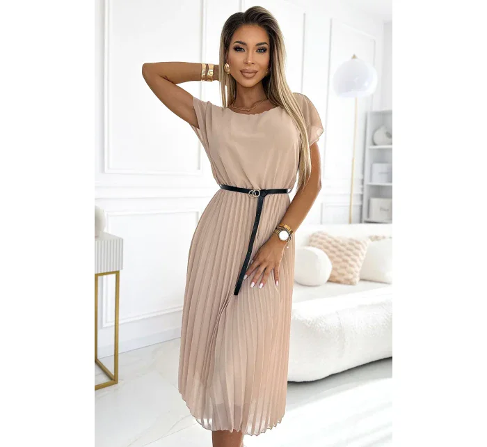 548-1 Plisované midi šaty s černým páskem - BEACH