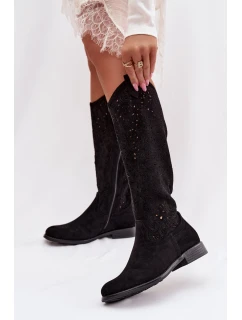 Dámské perforované kozačky na nízkém podpatku S.Barski HY61-8023 Černé