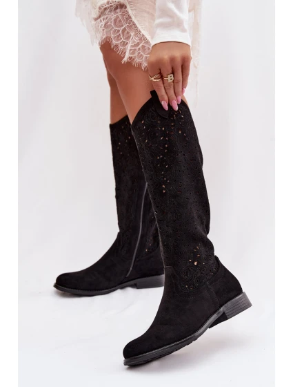 Dámské perforované kozačky na nízkém podpatku S.Barski HY61-8023 Černé