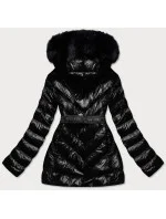 Černá lesklá zimní bunda s mechovitou kožešinovou podšívkou (w673) Černá lesklá zimní bunda s mechovitou kožešinovou podšívkou (w673)
