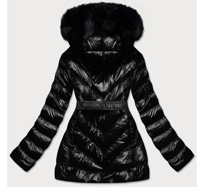 Černá lesklá zimní bunda s mechovitou kožešinovou podšívkou (w673) Černá lesklá zimní bunda s mechovitou kožešinovou podšívkou (w673)